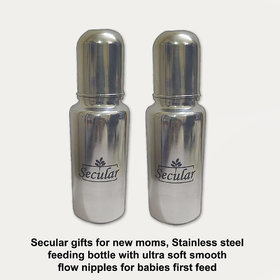 Secular gifts for new moms, Stainless steel feeding bottle with ultra soft smooth flow nipples for babies 250ml x 2