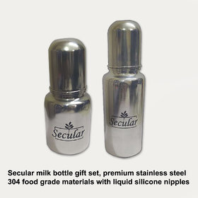 Secular milk bottle gift set, premium stainless steel 304 food grade materials with nipples (150ml  250ml)