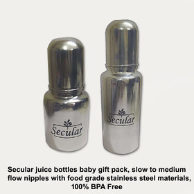 Secular juice bottles baby gift pack, slow to medium flow nipples with food grade stainless steel (150ml  250ml)