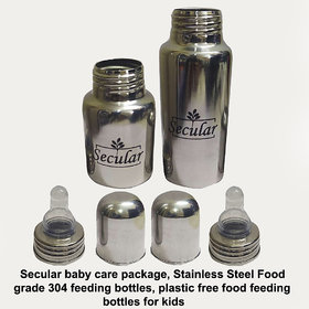 Secular baby care package, Stainless Steel Food grade 304 feeding bottles (150ml  250ml)