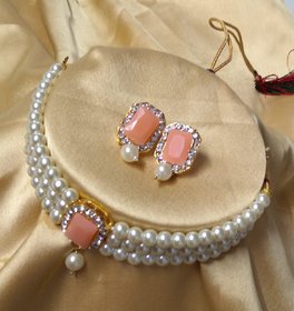 Designer Peech CZ Kundan Pearl Choker Jewellery Set