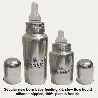                       Secular new born baby feeding kit, slow flow liquid silicone nipples, 100 plastic free kit (150ml  250ml)                                              