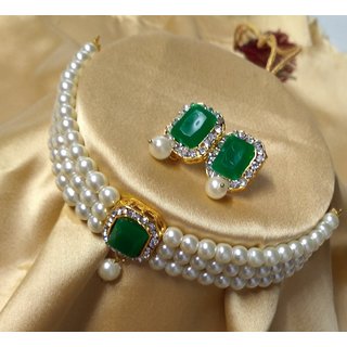                       Designer Emerald Green CZ Kundan Pearl Choker Jewellery Set                                              