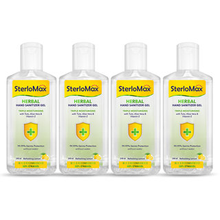 SterloMax Herbal Hand Sanitizer Gel with Tulsi, Aloe  Vitamin E.80Ethanol Alcohol based Sanitizer gel.240 ml.Pack of 4