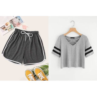                       Elizy Grey Short And Grey Cross Neck Combo                                              