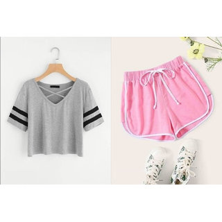                       Elizy Pink Shorts and Grey Cross Neck Combo                                              