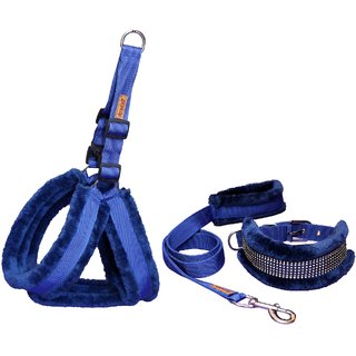                       Petshop7 Nylon Blue Fur 1.25 Inch Large Dog Harness, Dog Collar  Leash (Chest Size  28-34 inch)                                              