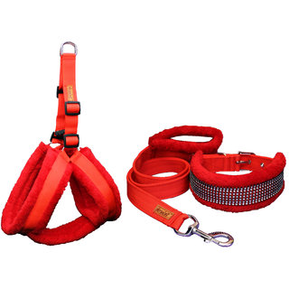                      Petshop7 Nylon Red Fur 1 Inch Medium Dog Harness, Dog Collar  Leash (Chest Size  28-33 inch)                                              