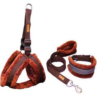                       Petshop7 Nylon Brown Fur 1 Inch Medium Dog Harness, Dog Collar  Leash (Chest Size  28-33 inch)                                              