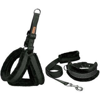                       Petshop7 Nylon Black Fur 1 Inch Medium Dog Harness, Dog Collar  Leash (Chest Size  28-33 inch)                                              