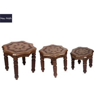 NAU NIDH ENTERPRISES Solid Wood Octagon Side Table Set OF 3