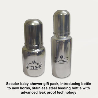                       Secular baby shower gift pack, introducing bottle to new borns, stainless steel feeding bottle  (150ml  250ml)                                              