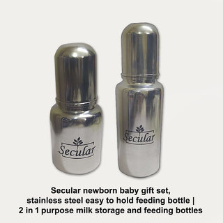                       Secular newborn baby gift set, stainless steel easy to hold feeding bottle  2 in 1 purpose milk storage (150ml  250ml)                                              