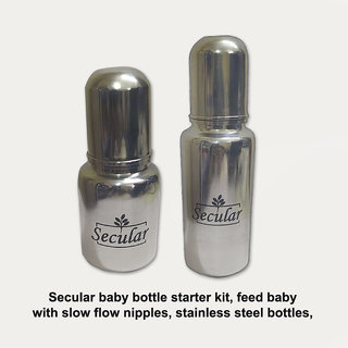                       Secular baby bottle starter kit, feed baby with slow flow nipples, stainless steel bottles, (150ml + 250ml)                                              