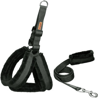                       Petshop7 Nylon Dog Harness  Leash Set with Fur 0.75 inch Small - Black (Chest Size - 23-28)                                              