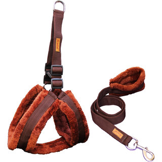                       Petshop7 Nylon Dog Harness  Leash Set with Fur 0.75 inch Small - Brown (Chest Size - 23-28)                                              