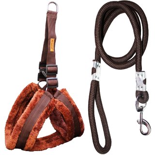                       Petshop7 Premium Qualtiy Fur Padded Nylon Dog Harness  Leash Rope 0.75 inch - Small (Chest Size - 23-28inch) Brown                                              