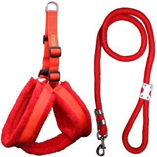                       Petshop7 Nylon Dog Harness  Leash Rope Set with Fur 0.75 inch Small - (Chest Size - 23-28) (Red)                                              