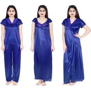 Verdadero presents Women's Satin Nighty 4 Set (Gown, Nighty, Top, Pyjama)(Free-Size 28 to 36 Regular) (blue)