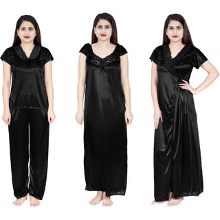 Verdadero presents Women's Satin Nighty 4 Set (Gown, Nighty, Top, Pyjama)(Free-Size 28 to 36 Regular) (black)
