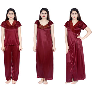 Verdadero presents Women's Satin Nighty 4 Set (Gown, Nighty, Top, Pyjama)(Free-Size 28 to 36 Regular) (maroon)