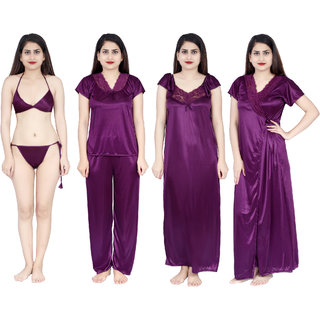 Verdadero presents Women's Satin Nighty 6 Set (Gown, Nighty, Top, Pajama, robe set)(Free-Size 28 to 36 Regular) (purple)