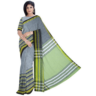                       PREOSY Women's Khadi Cotton Begumpuri Saree With Unstitched Blouse In Grey                                              