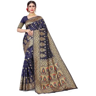                       Sharda Creation Navy Blue  Jaquard Silk Embellished Saree                                              