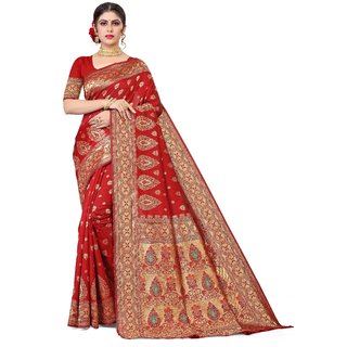                       Sharda Creation Red Jaquard Silk Embellished Saree                                              