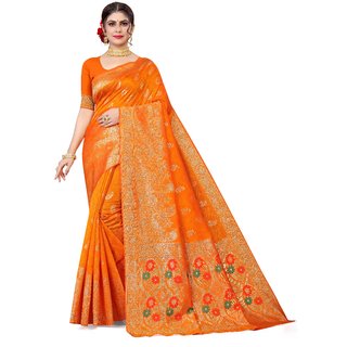                       Sharda Creation Orange Jaquard Silk Embellished Saree                                              