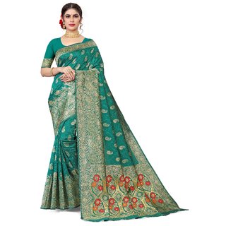                       Sharda Creation Green Jaquard Silk Embellished Saree                                              