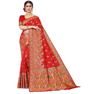                       Sharda Creation Red Jaquard Silk Embellished Saree                                              