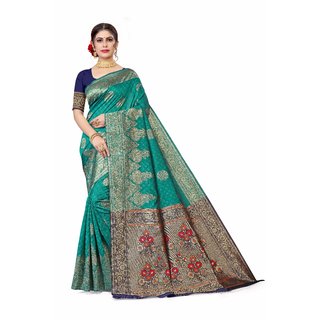                       Sharda Creation Green  Jaquard Silk Embellished Saree                                              