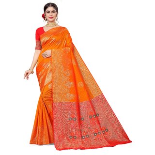                       Sharda Creation Orange  Jaquard Silk Embellished Saree                                              