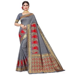                       Sharda Creation Grey Jaquard Silk Embellished Saree                                              