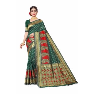                       Sharda Creation Green Jaquard Silk Embellished Saree                                              
