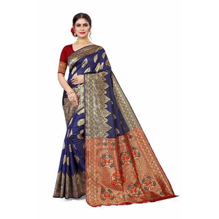                       Sharda Creation Navy Blue Jaquard Silk Embellished Saree                                              