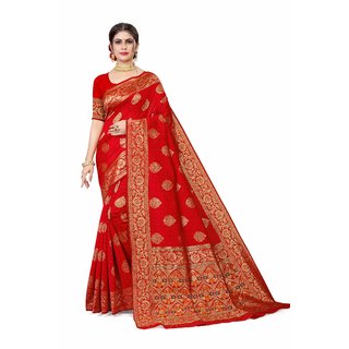                      Sharda Creation Red Jaquard Silk Embellished Saree                                              