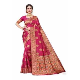                       Sharda Creation Pink Jaquard Silk Embellished Saree                                              