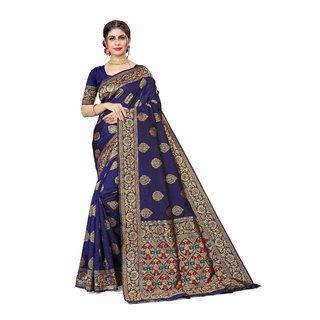                       Sharda Creation Blue Jaquard Silk Embellished Saree                                              