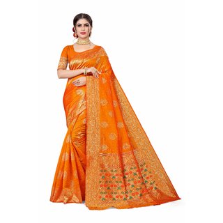                       Sharda Creation Orange  Jaquard Silk Embellished Saree                                              