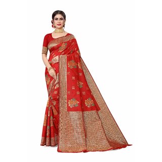                       Sharda Creation Red Jaquard Silk Embellished Saree                                              
