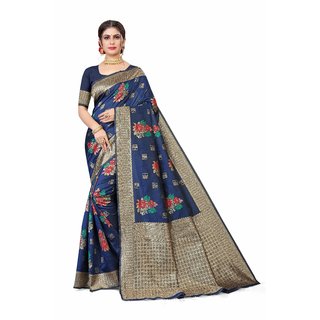                       Sharda Creation Blue  Jaquard Silk Embellished Saree                                              