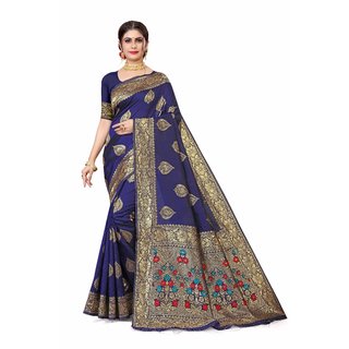                       Sharda Creation Blue Jaquard Silk Embellished Saree                                              
