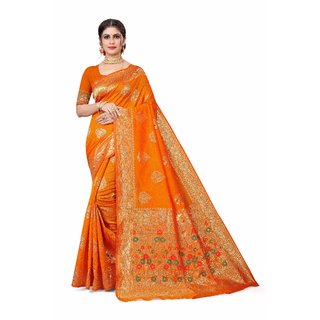                       Sharda Creation Orange Jaquard Silk Embellished Saree                                              
