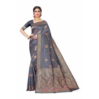                       Sharda Creation Grey Jaquard Silk Embellished Saree                                              