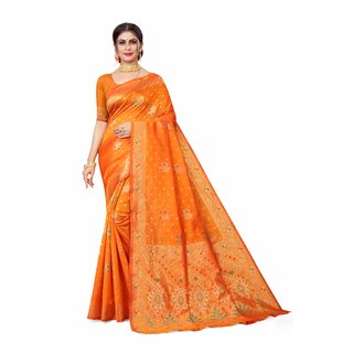                       Sharda Creation Orange Jaquard Silk Embellished Saree                                              