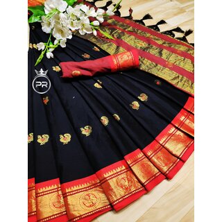                       Black Colour Cotton Embellished Saree                                              