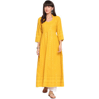 Queenley Women Yellow Cotton Anarkali Ankle Length Kurti