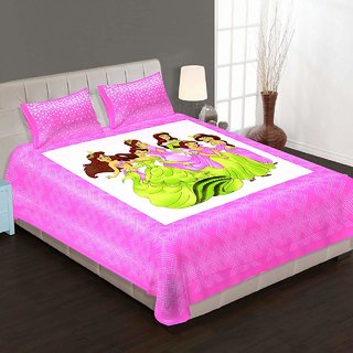                       ESTIILO Pink Barbie Doll Sanganeri Print Cotton Double Bedsheet with 2 Pillow Covers                                              